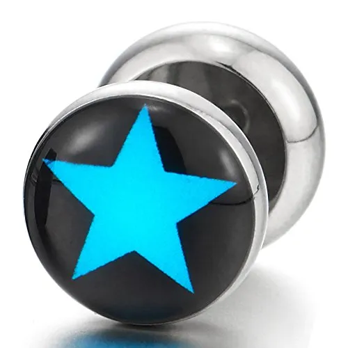 10MM Black Blue Pentagram Star Steel Round Stud Earrings Men Women, Cheater Fake Ear Plugs Gauges