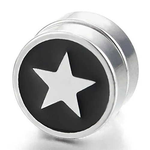 10MM Magnetic Star Circle Stud Earring Steel with Black Enamel, Non-Piercing Cheater Fake Ear Gauges