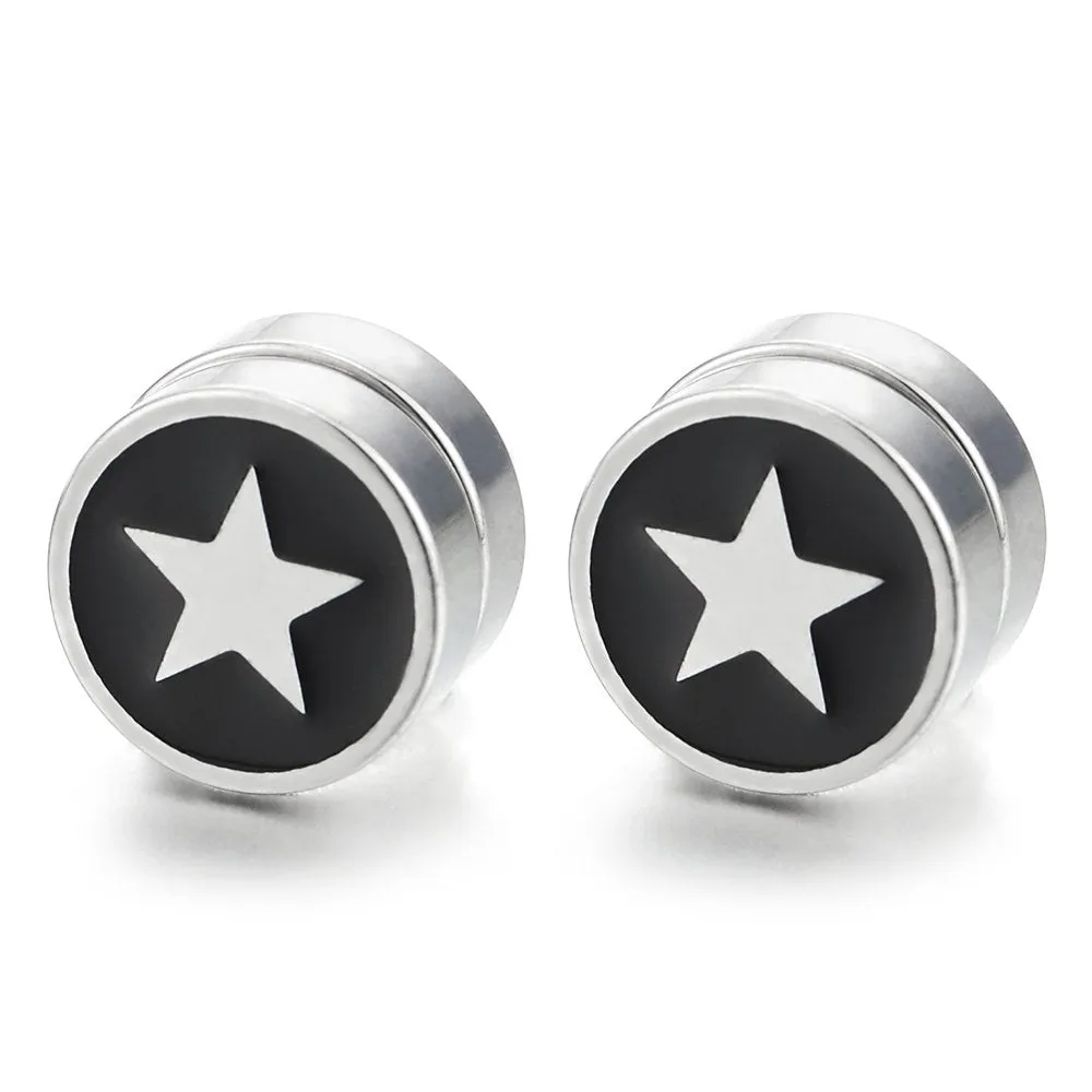 10MM Magnetic Star Circle Stud Earring Steel with Black Enamel, Non-Piercing Cheater Fake Ear Gauges