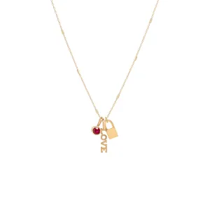 14k Gold LOVE Charm Necklace with a Padlock & Ruby