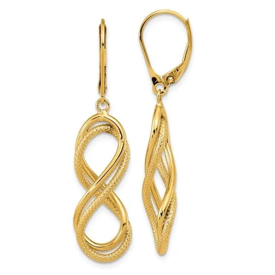 14K Polished Textured Infinity Leverback Earrings