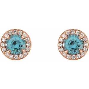 14K Rose 5 mm Natural Aquamarine & 1/8 CTW Natural Diamond Earrings