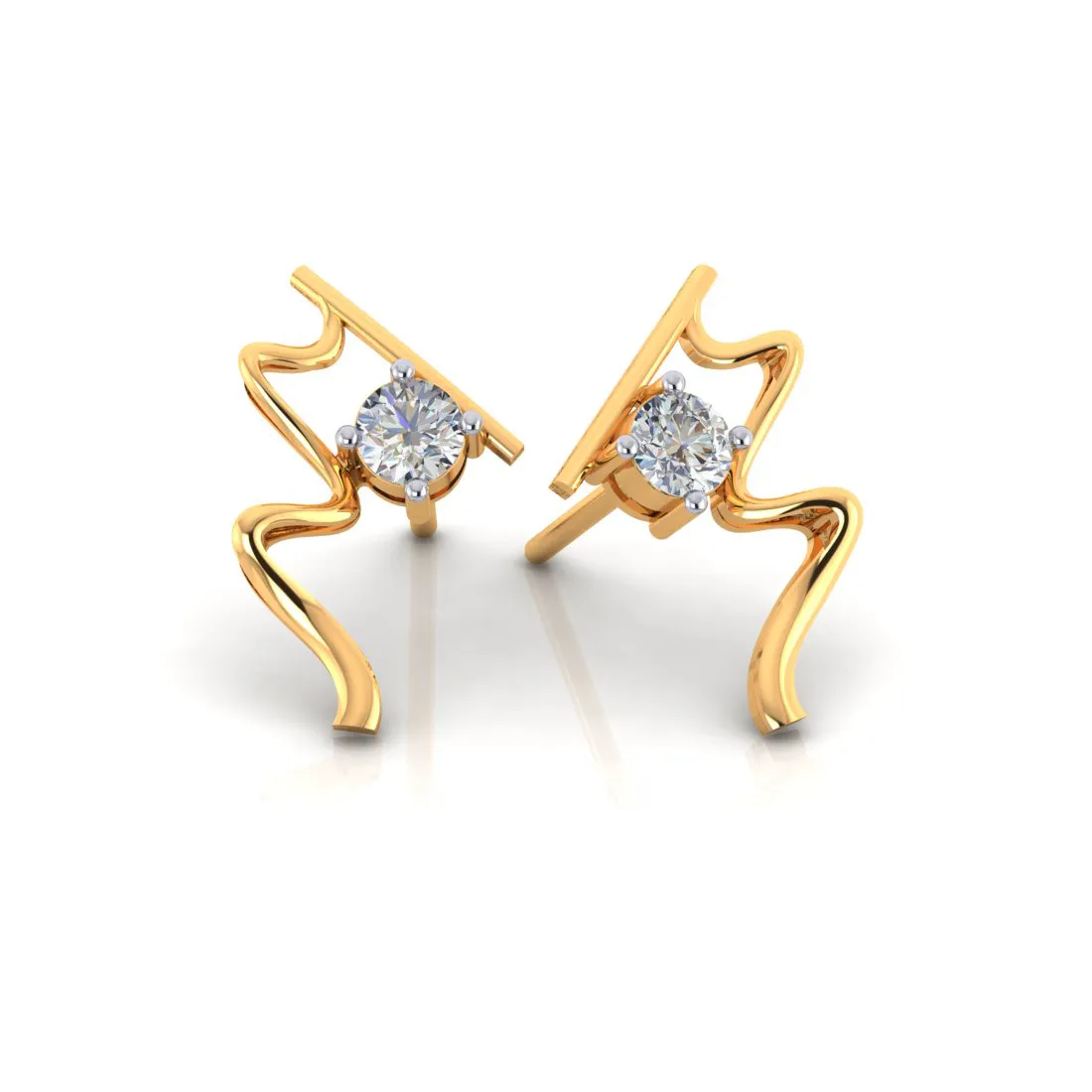 14k Wave Style Gold Earrings With American Diamonds