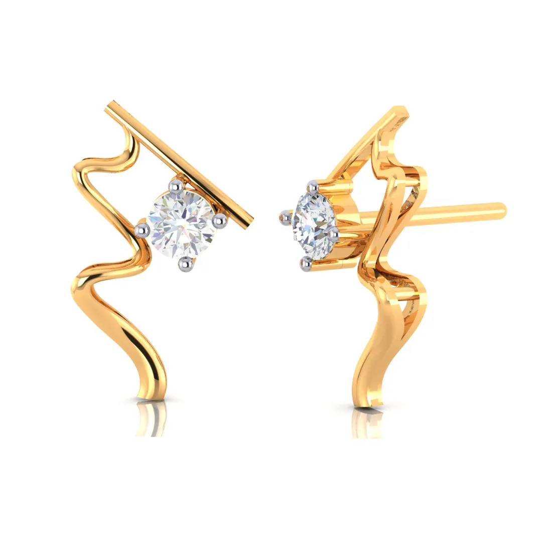 14k Wave Style Gold Earrings With American Diamonds