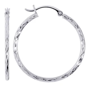 14K White Gold Diamond Cut Round Hoop Earrings