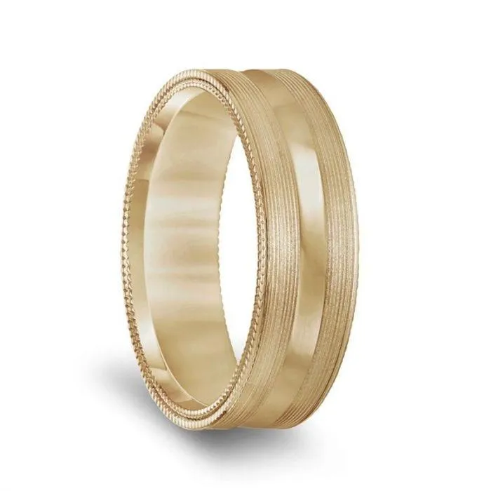 14k Yellow Gold Brushed Finish Men’s Concave Wedding Band with Double Milgrain Edges - 6.5mm