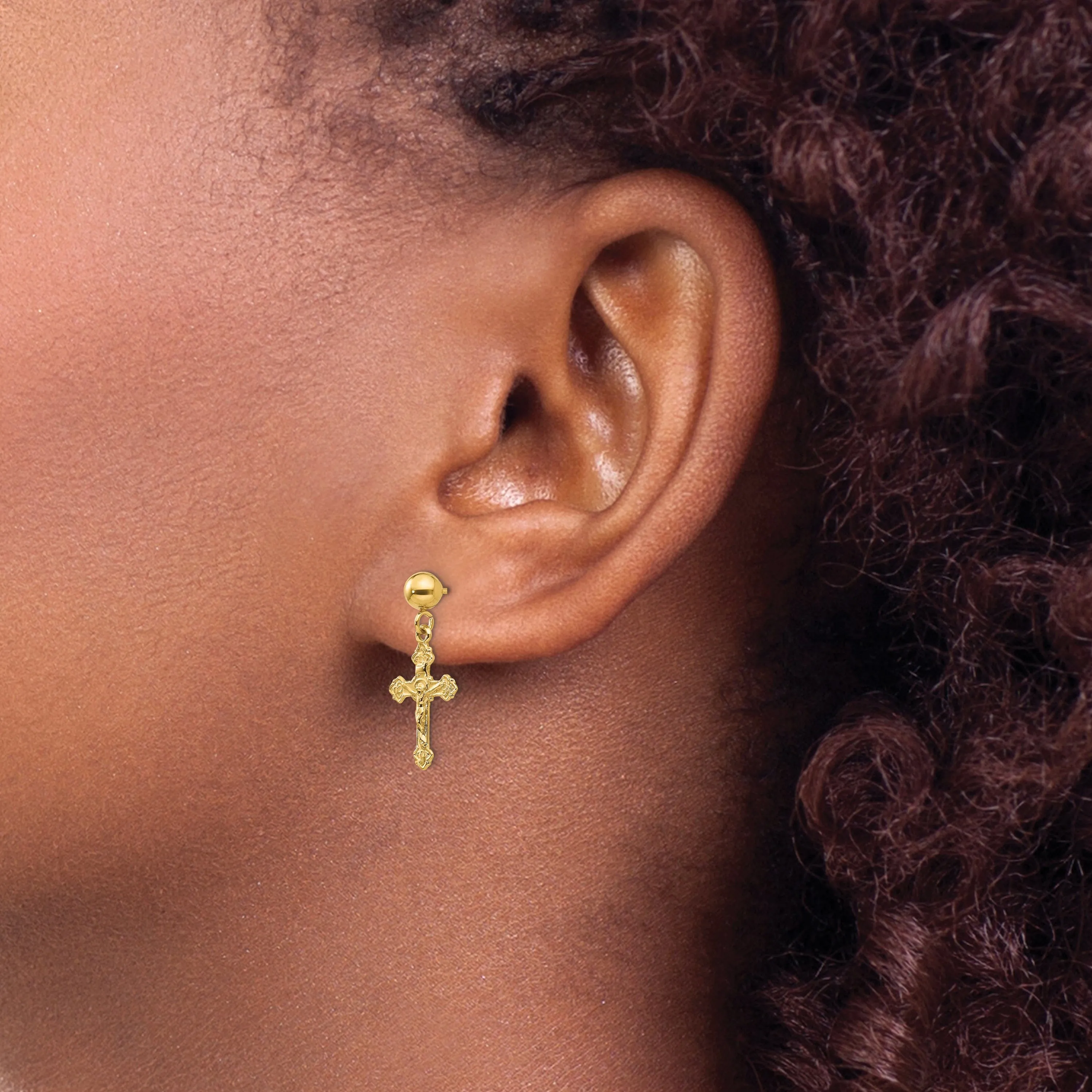 14k Yellow Gold Polished Crucifix Post Earrings