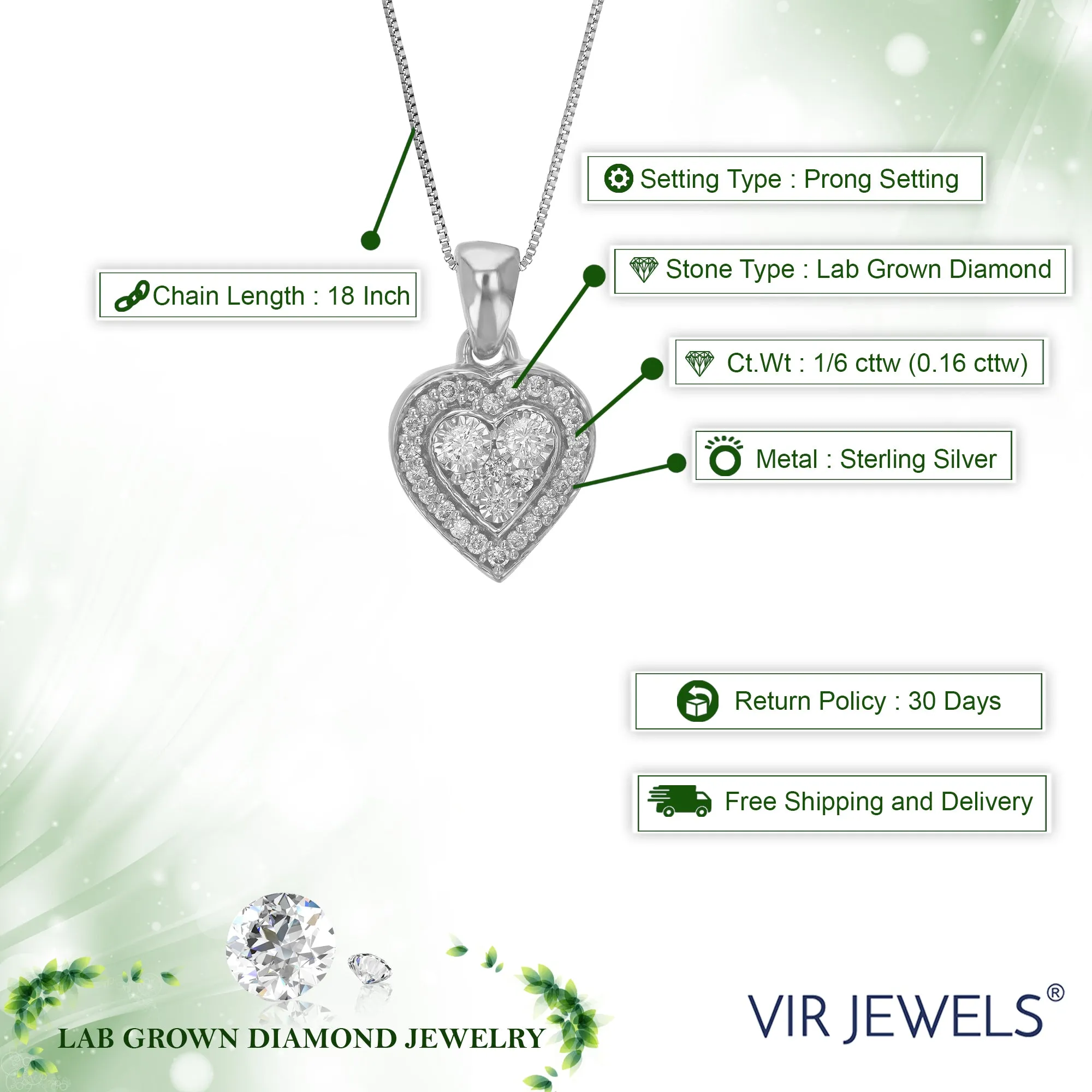 1/6 cttw Lab Grown Diamond Heart Pendant Necklace .925 Sterling Silver 1/3 Inch With 18 Inch Chain