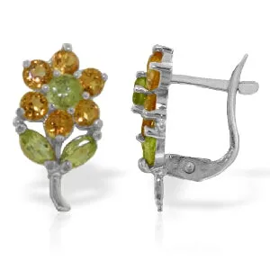 2.12 Carat 14K Solid White Gold Flowers Stud Earrings Citrine Peridot