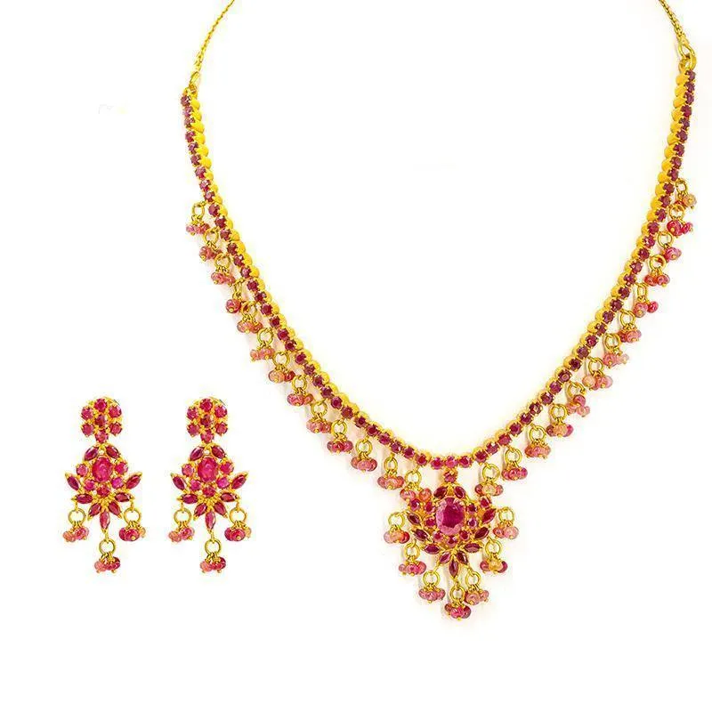 22K Gold Necklace and Earrings Set W/ Rubies