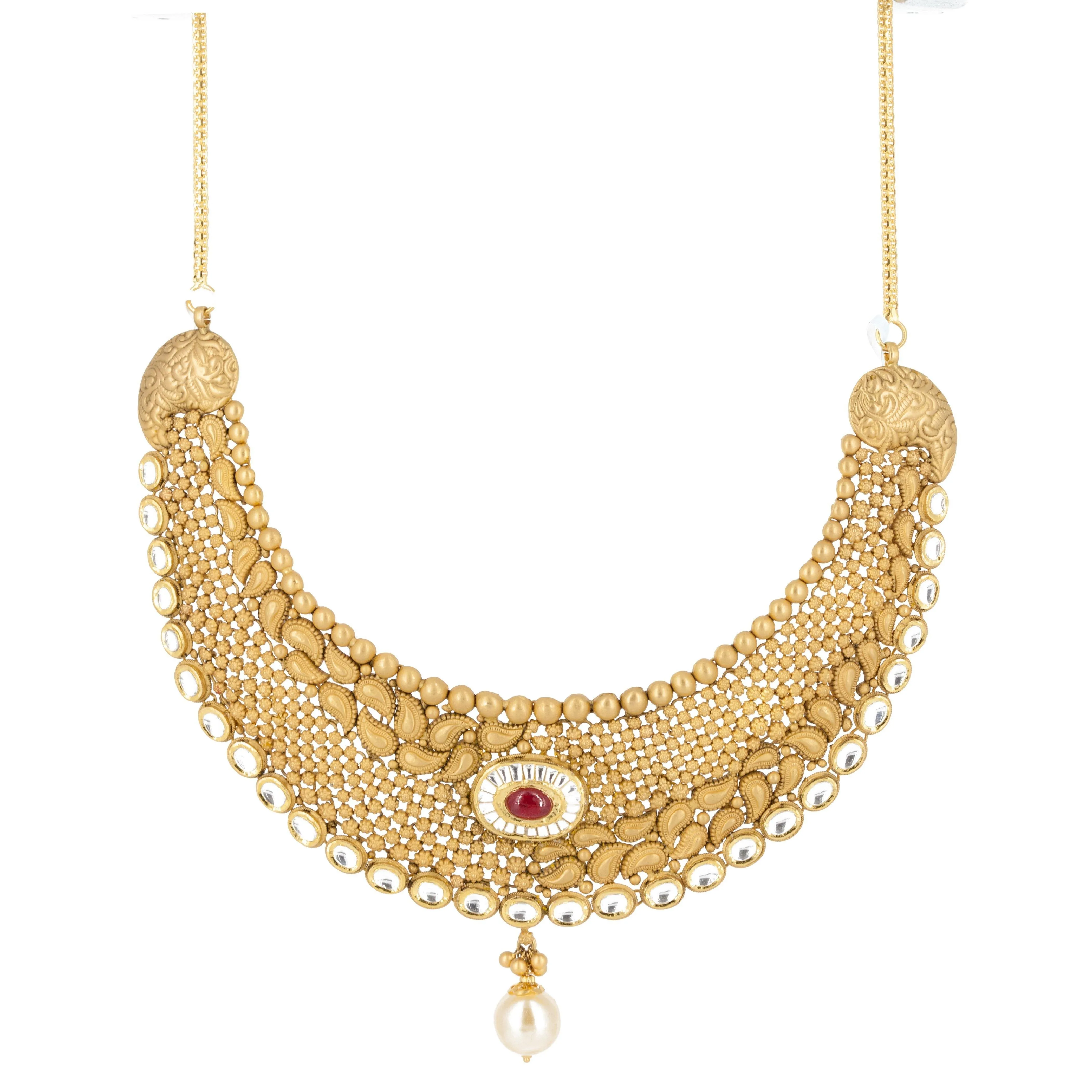 22k Gold Ruby Pearl Necklace and Earrings Set