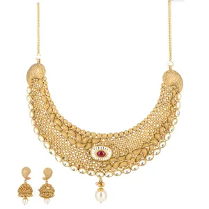 22k Gold Ruby Pearl Necklace and Earrings Set