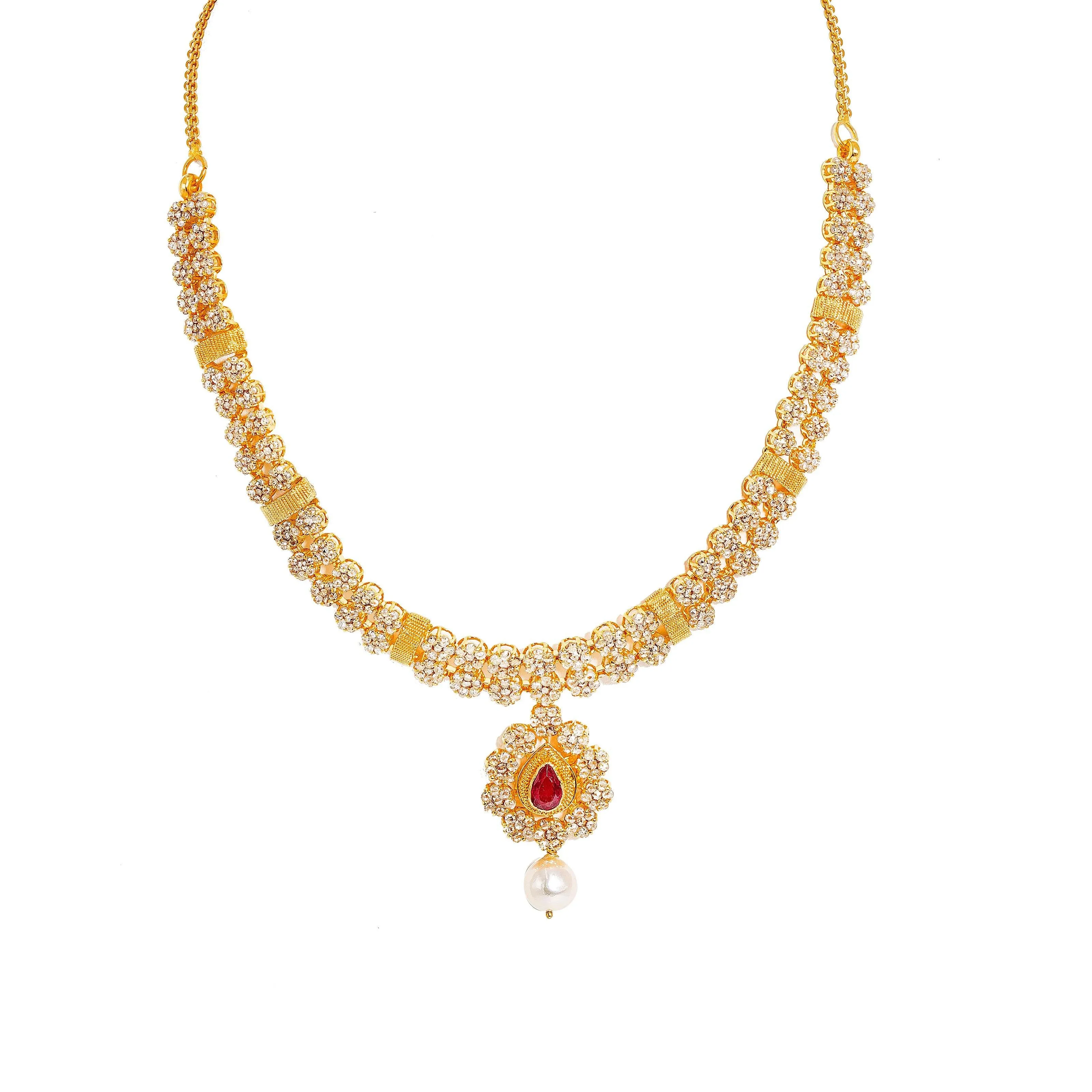 22K Yellow Gold Diamond Necklace and Earrings Set W/ 14.24ct Uncut Diamonds, Rubies, Pearls & Clustered Flower Designs