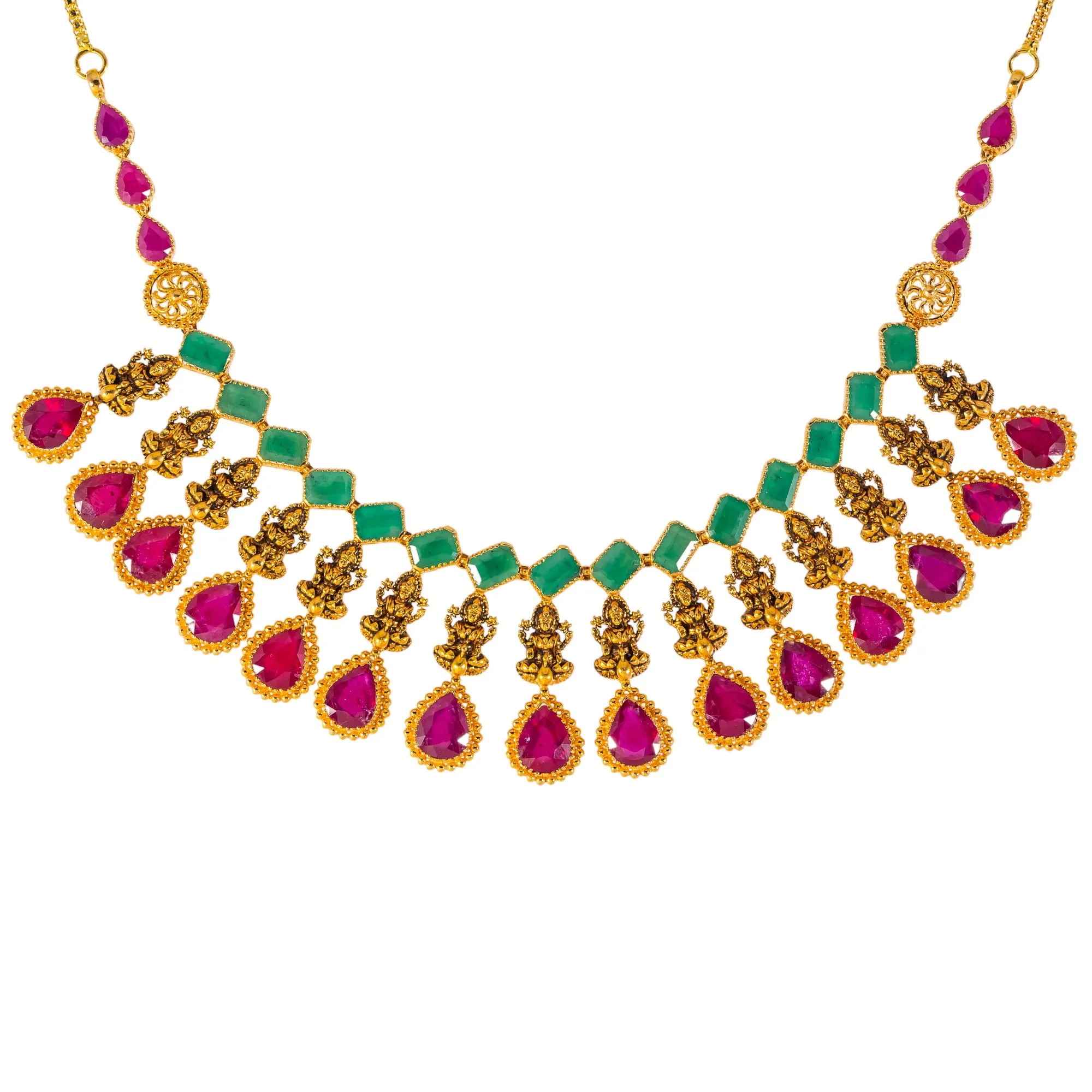 22k Yellow Gold, Emerald & Ruby Necklace Set (76.4gm)