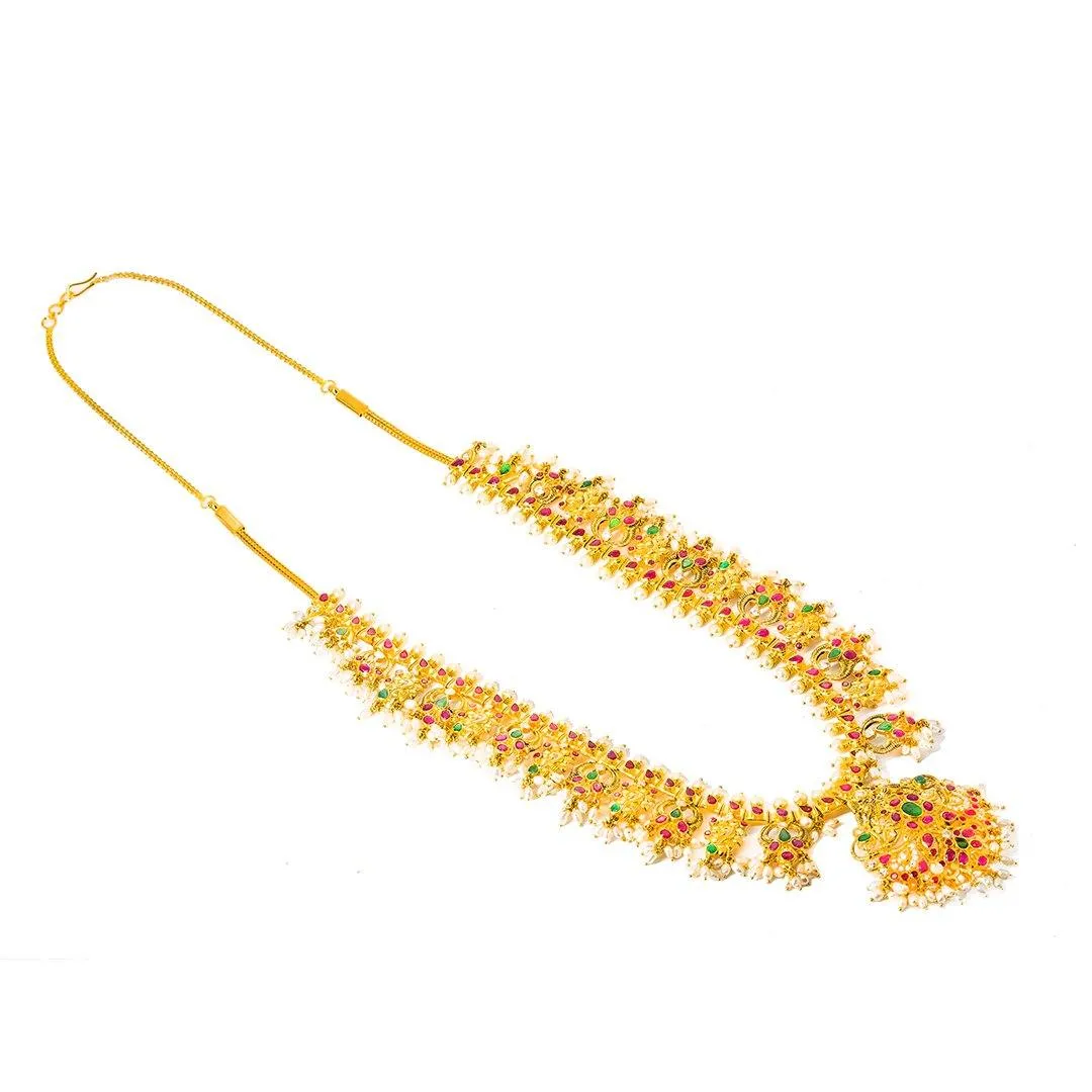 22K Yellow Gold Guttapusalu Necklace and Chandbali Earrings Set W/ Emeralds, Pearls, CZ , Rubies & Chandelier Pendant