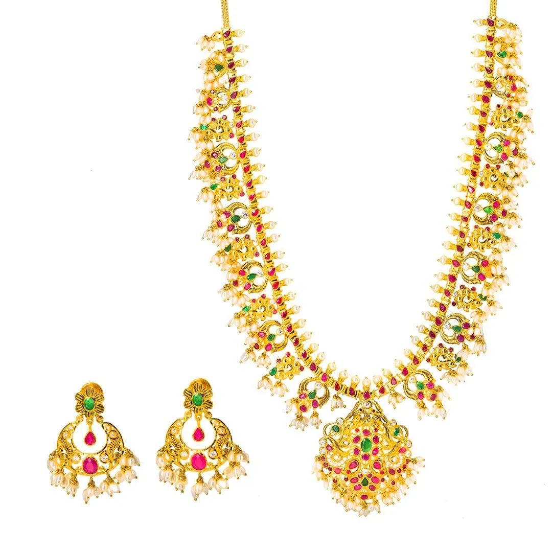 22K Yellow Gold Guttapusalu Necklace and Chandbali Earrings Set W/ Emeralds, Pearls, CZ , Rubies & Chandelier Pendant