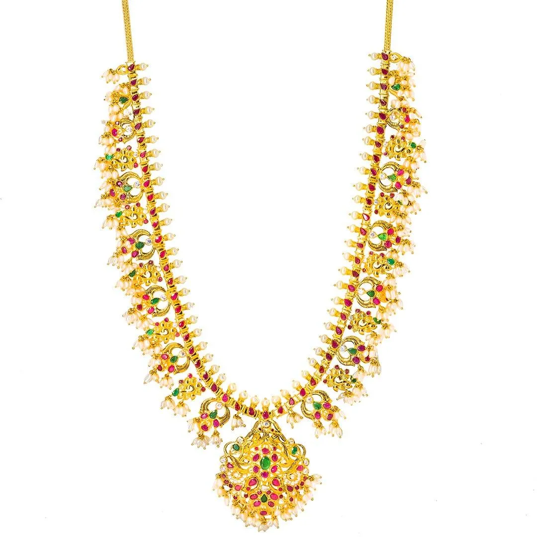 22K Yellow Gold Guttapusalu Necklace and Chandbali Earrings Set W/ Emeralds, Pearls, CZ , Rubies & Chandelier Pendant