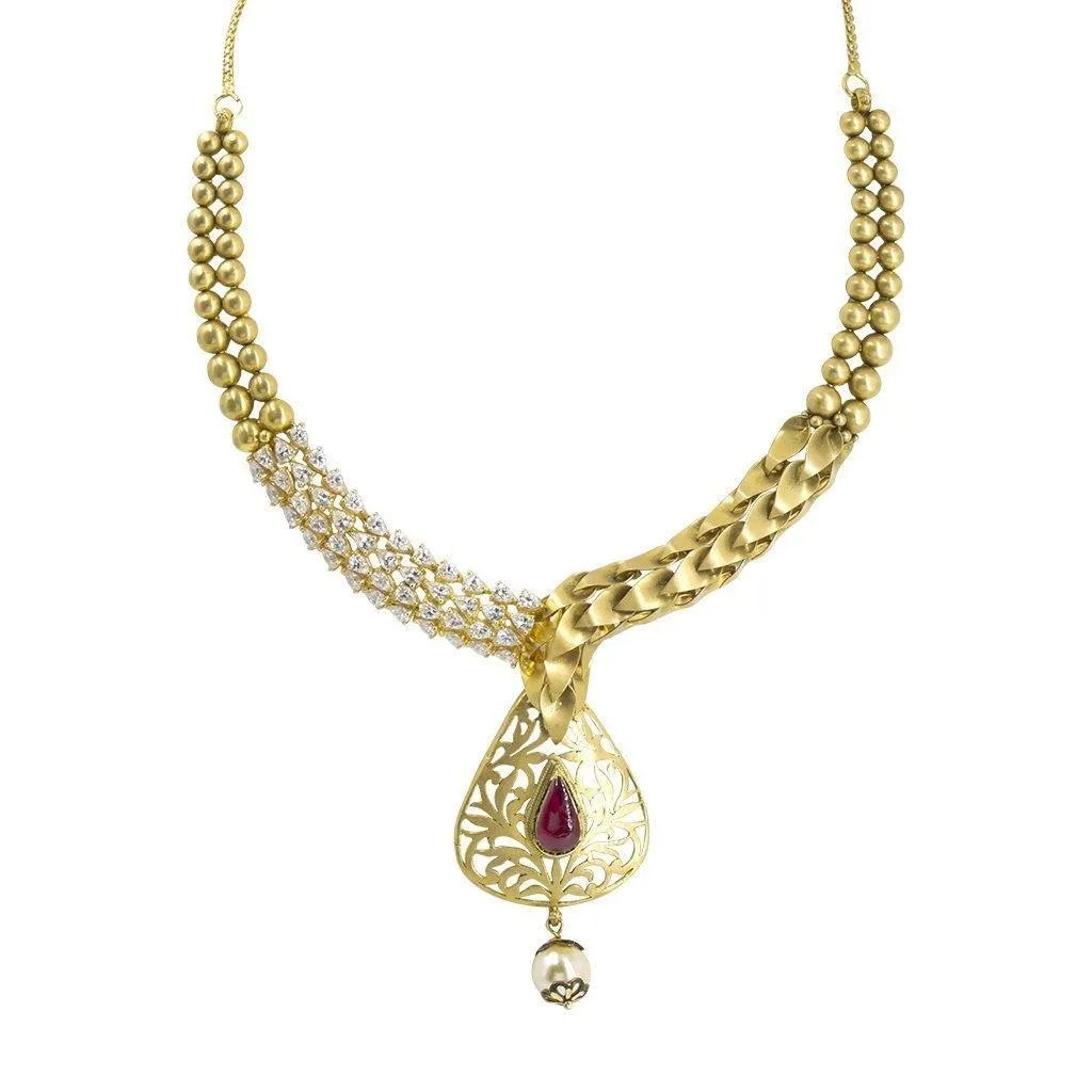 22K Yellow Gold Necklace & Earrings Set W/ Ruby, Pearl & CZ on Detailed Collar & Cutout Pear Pendant