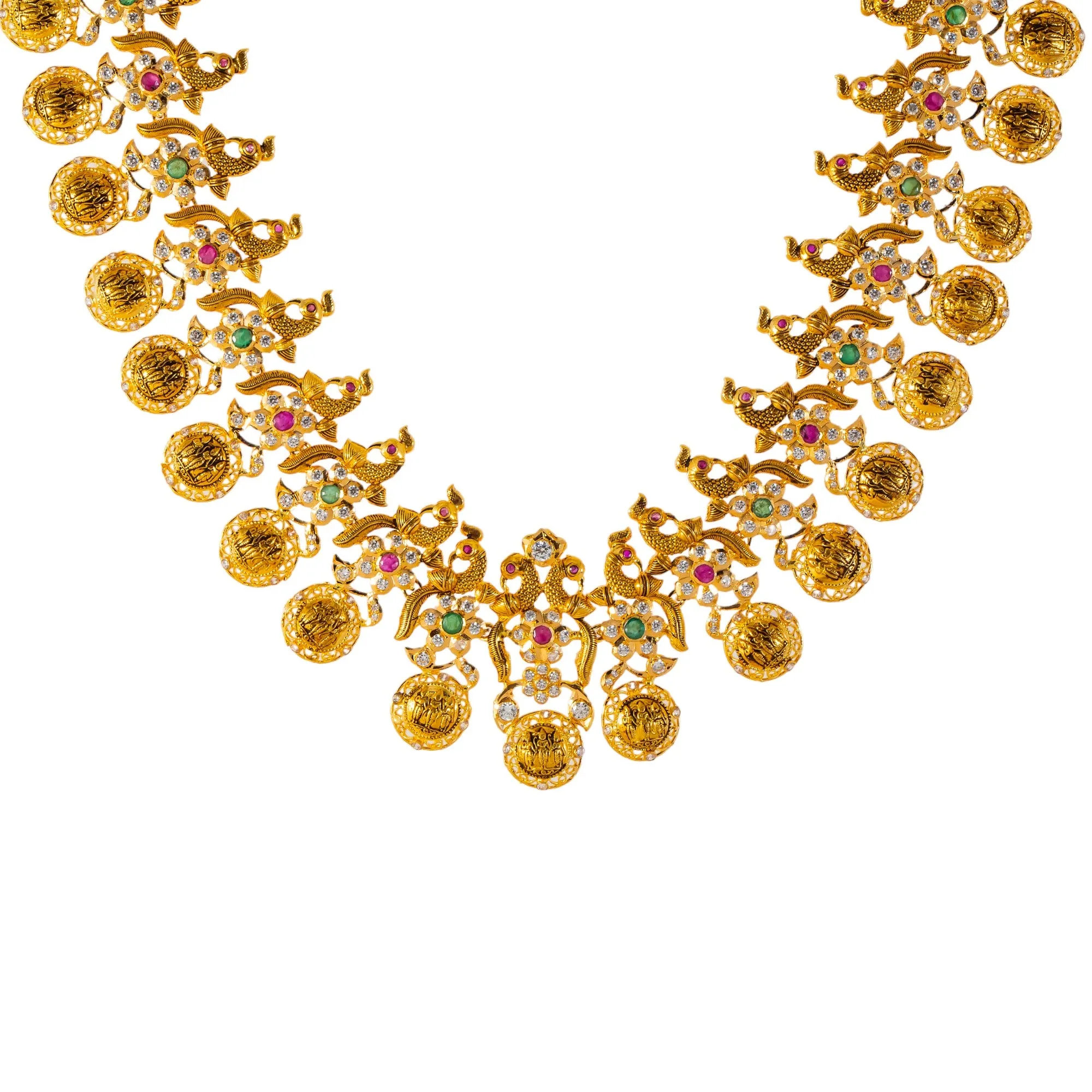 22k Yellow Gold Temple Necklace Set  w/ Gems & Pearls (132.2gm)