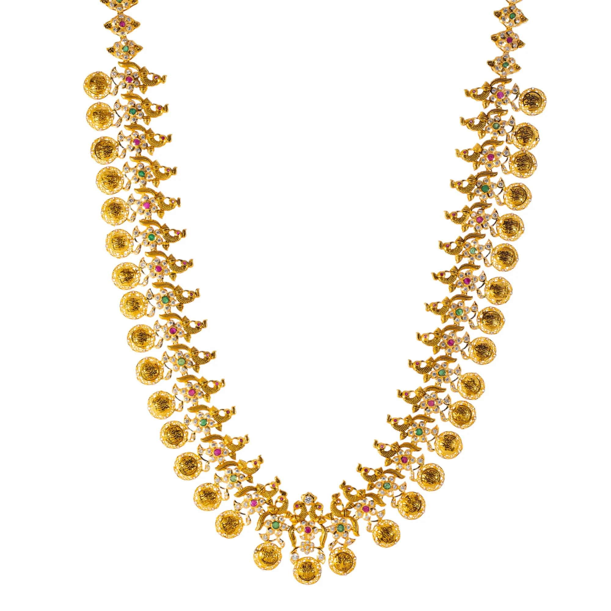 22k Yellow Gold Temple Necklace Set  w/ Gems & Pearls (132.2gm)