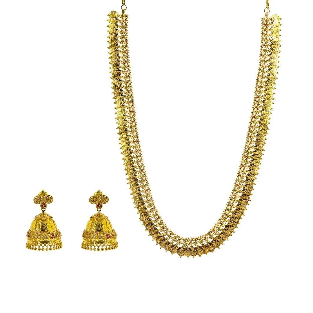 22K Yellow Gold Uncut Diamond Laxmi Necklace & Jhumki Earrings Set W/ 9.5ct Uncut Diamonds, Emeralds & Rubies