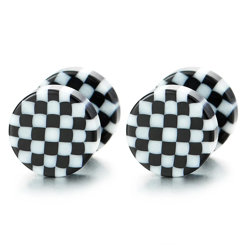 2pcs 8MM Black White Checker Circle Screw Stud Earrings for Men Women, Cheater Fake Ear Plug Gauge Tunnel