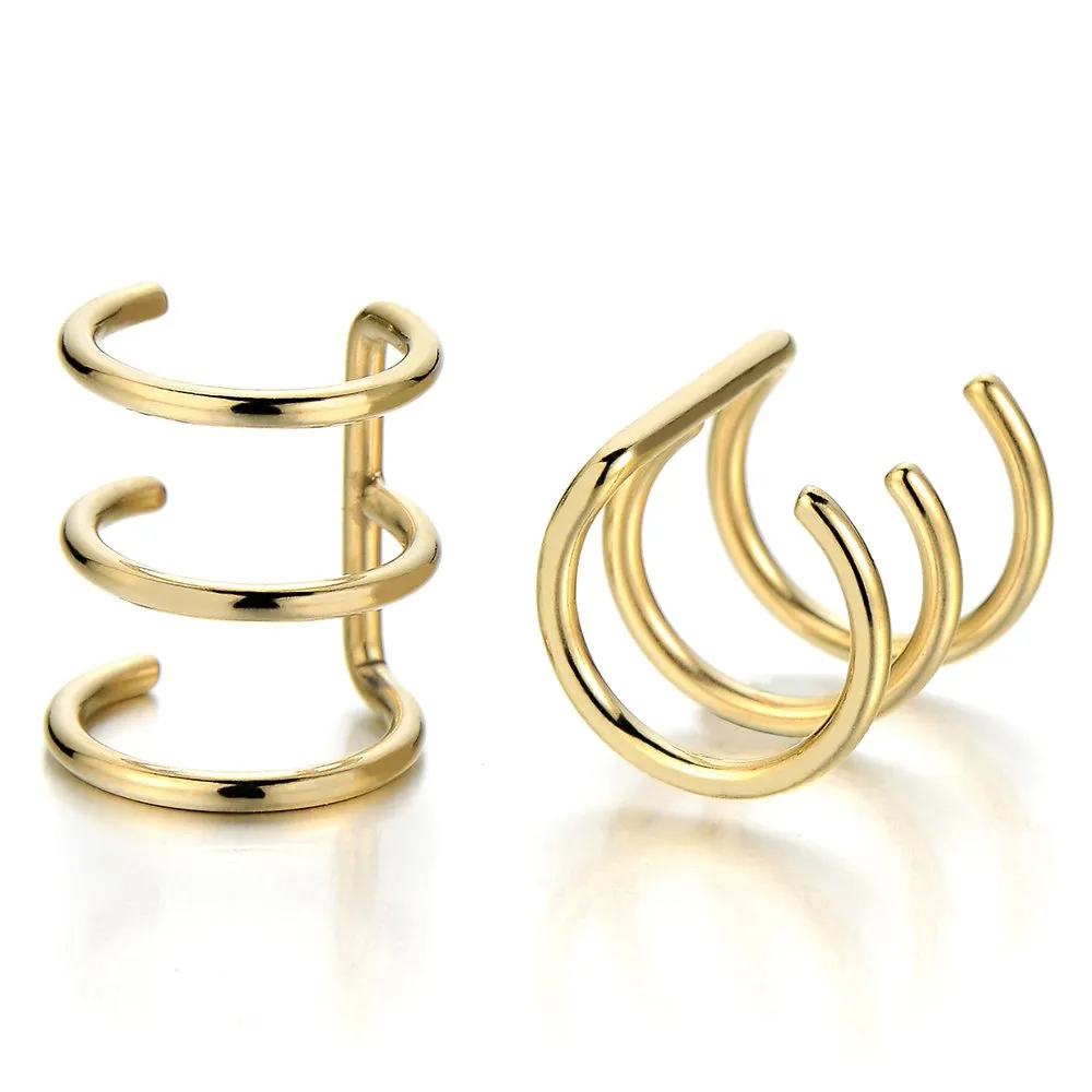 2pcs Gold Color Stainless Steel Ear Cuff Ear Clip Non-Piercing Clip On Earrings for Men and Women