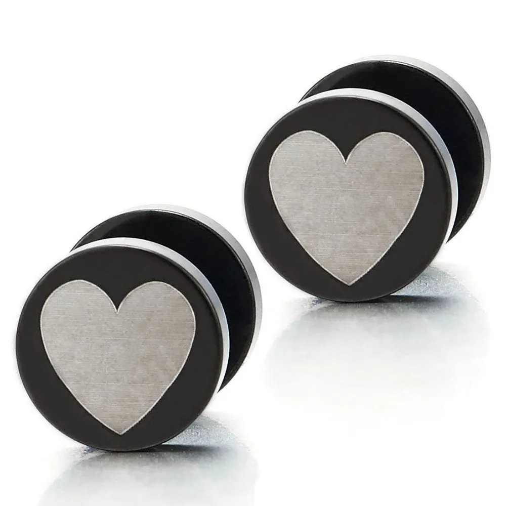 2pcs Womens Black Circle Heart Stud Earrings, Steel Cheater Fake Ear Plug Gauge Illusion Tunnel