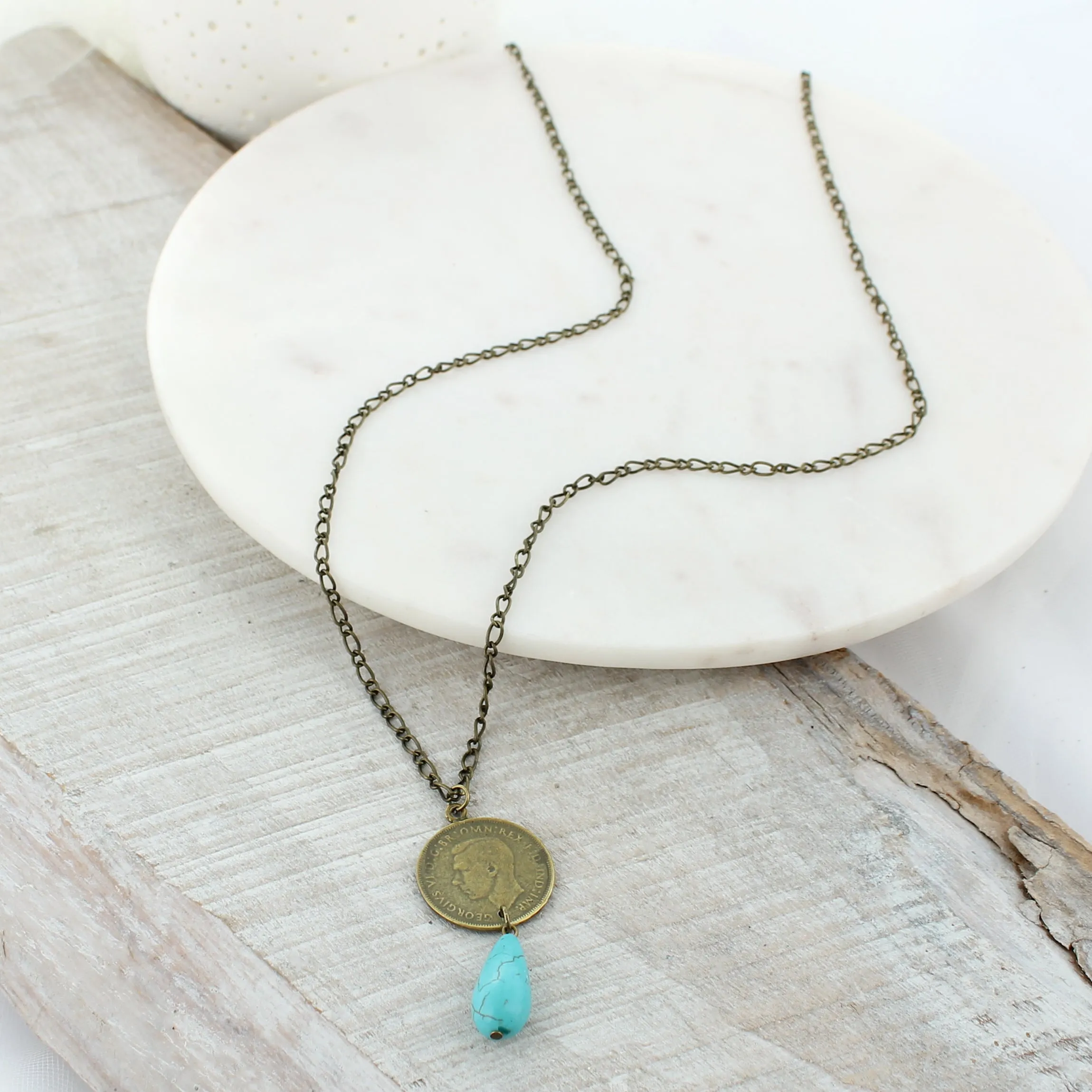 34 - 36” Turquoise Stone & Coin Necklace