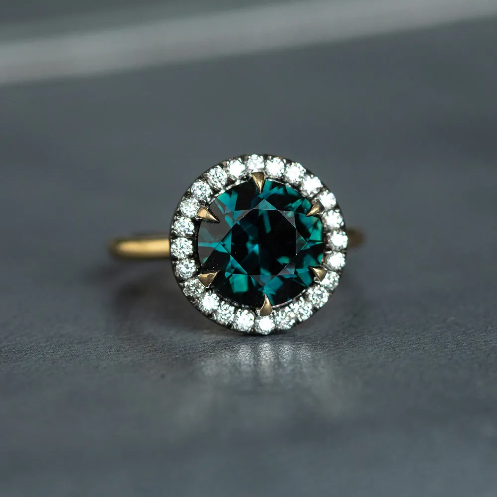 4.0ct Australian Deep Teal Green Sapphire and Blackened Diamond Halo 18k Yellow Gold Six Prong Ring