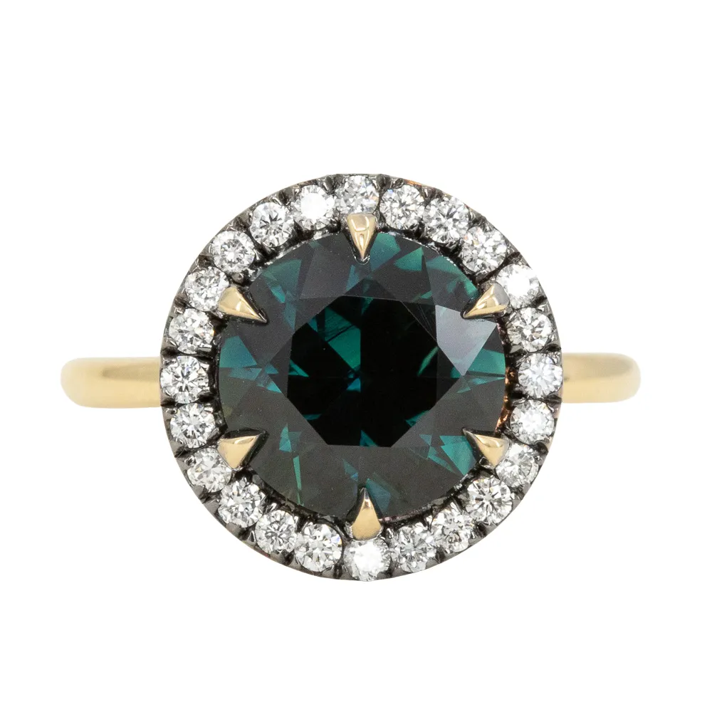 4.0ct Australian Deep Teal Green Sapphire and Blackened Diamond Halo 18k Yellow Gold Six Prong Ring