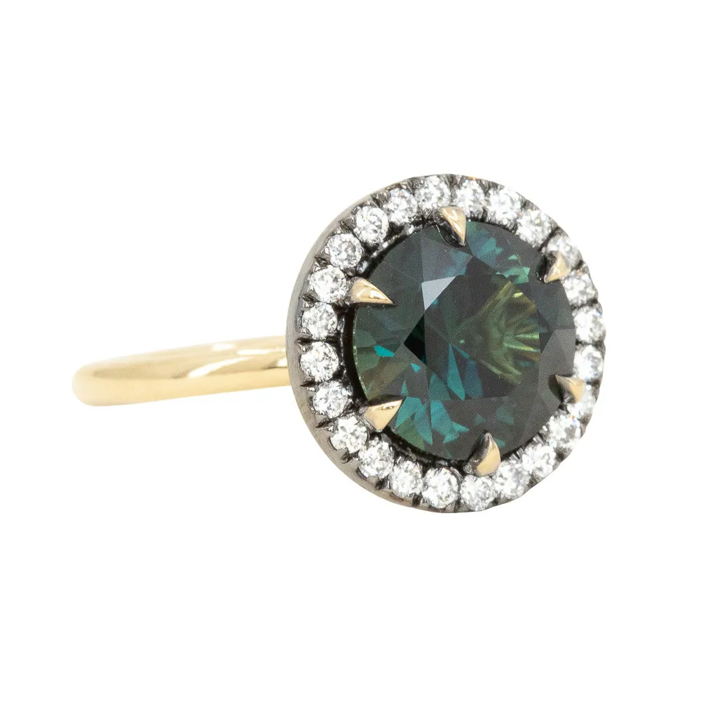 4.0ct Australian Deep Teal Green Sapphire and Blackened Diamond Halo 18k Yellow Gold Six Prong Ring