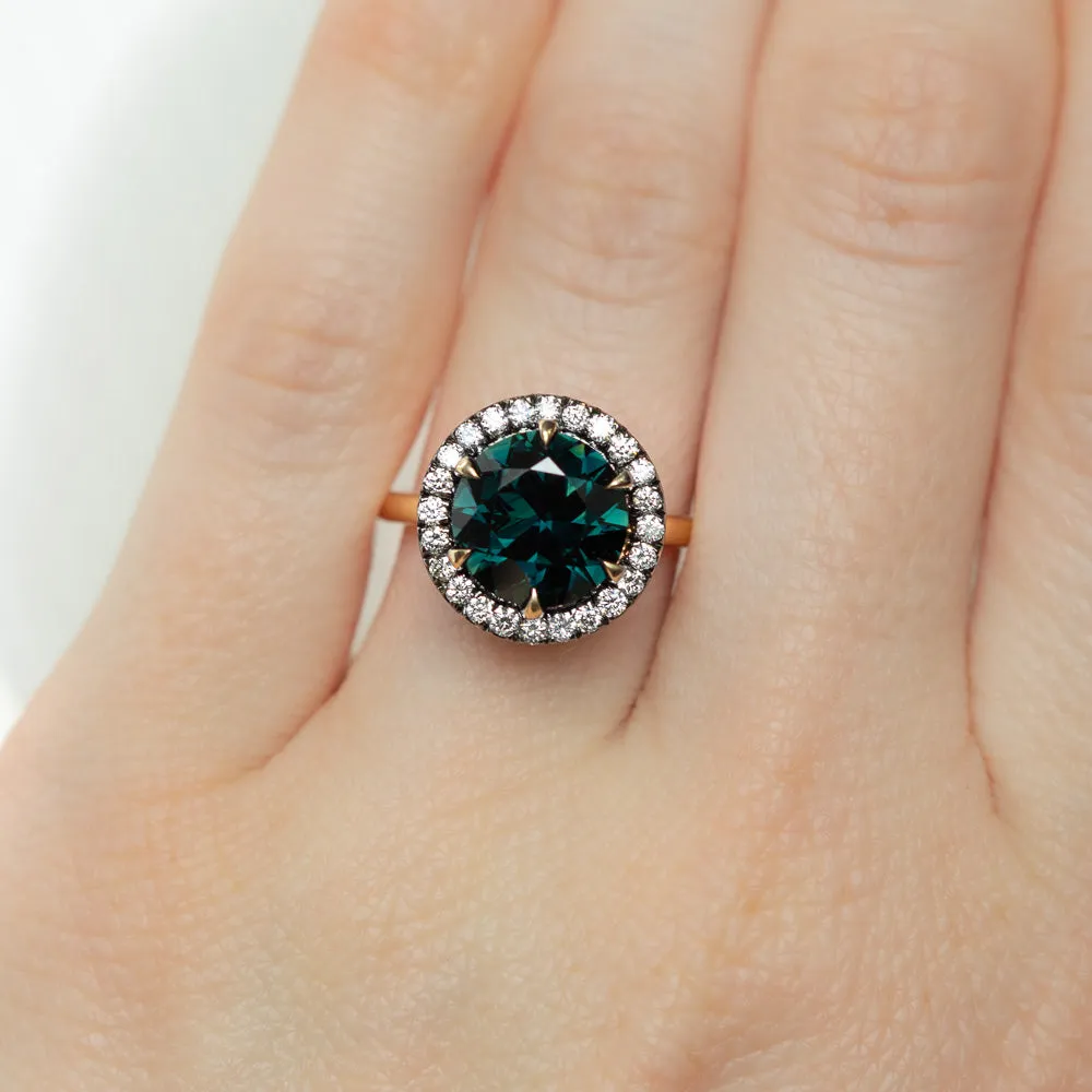 4.0ct Australian Deep Teal Green Sapphire and Blackened Diamond Halo 18k Yellow Gold Six Prong Ring