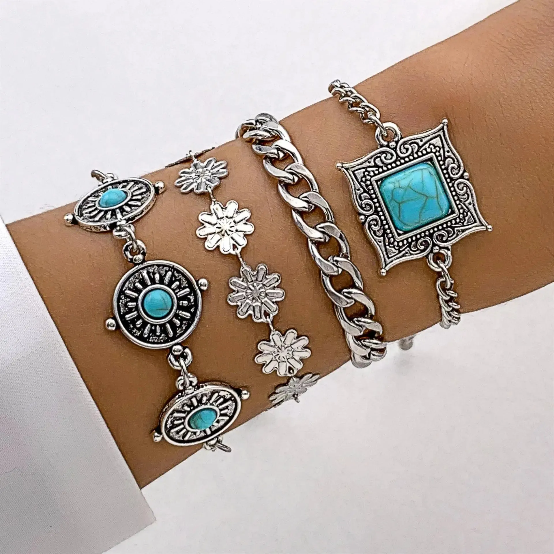 5-Piece Boho Turquoise Bracelet Set – Vintage-Inspired Feather, Flower, and Cuff Bangles | Perfect Gift for Women