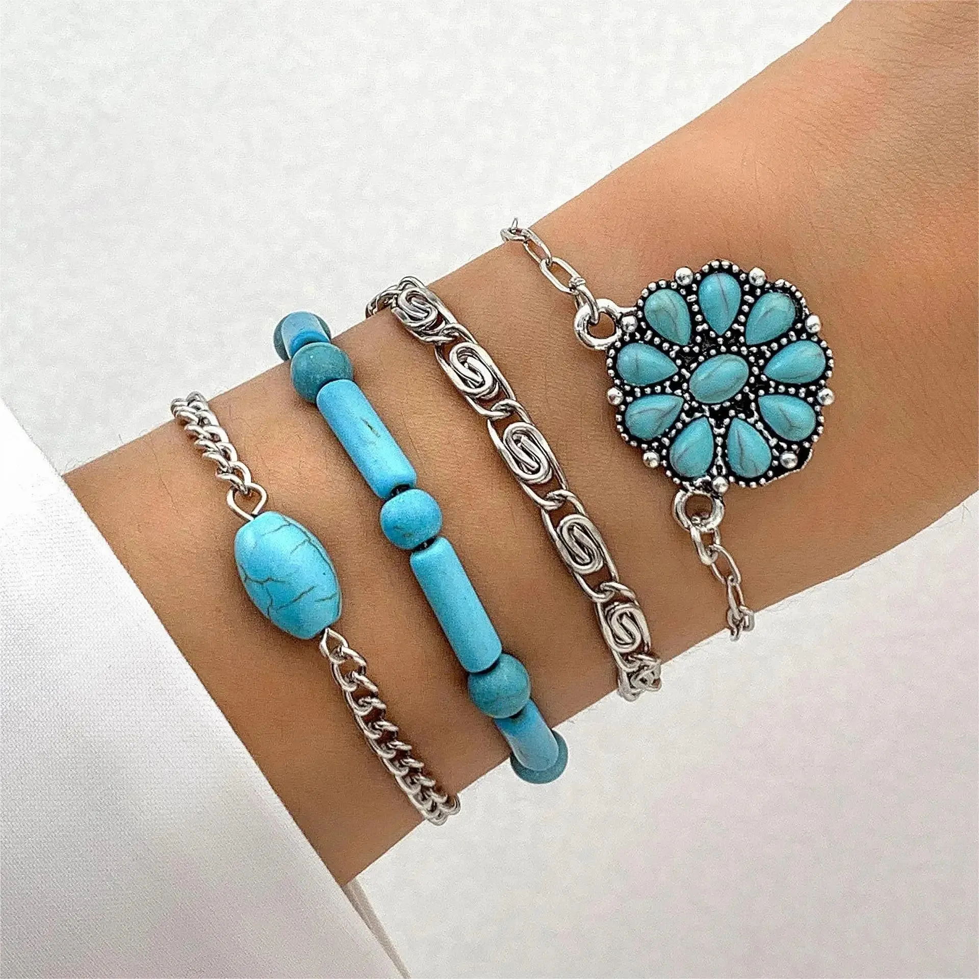 5-Piece Boho Turquoise Bracelet Set – Vintage-Inspired Feather, Flower, and Cuff Bangles | Perfect Gift for Women