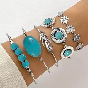 5-Piece Boho Turquoise Bracelet Set – Vintage-Inspired Feather, Flower, and Cuff Bangles | Perfect Gift for Women