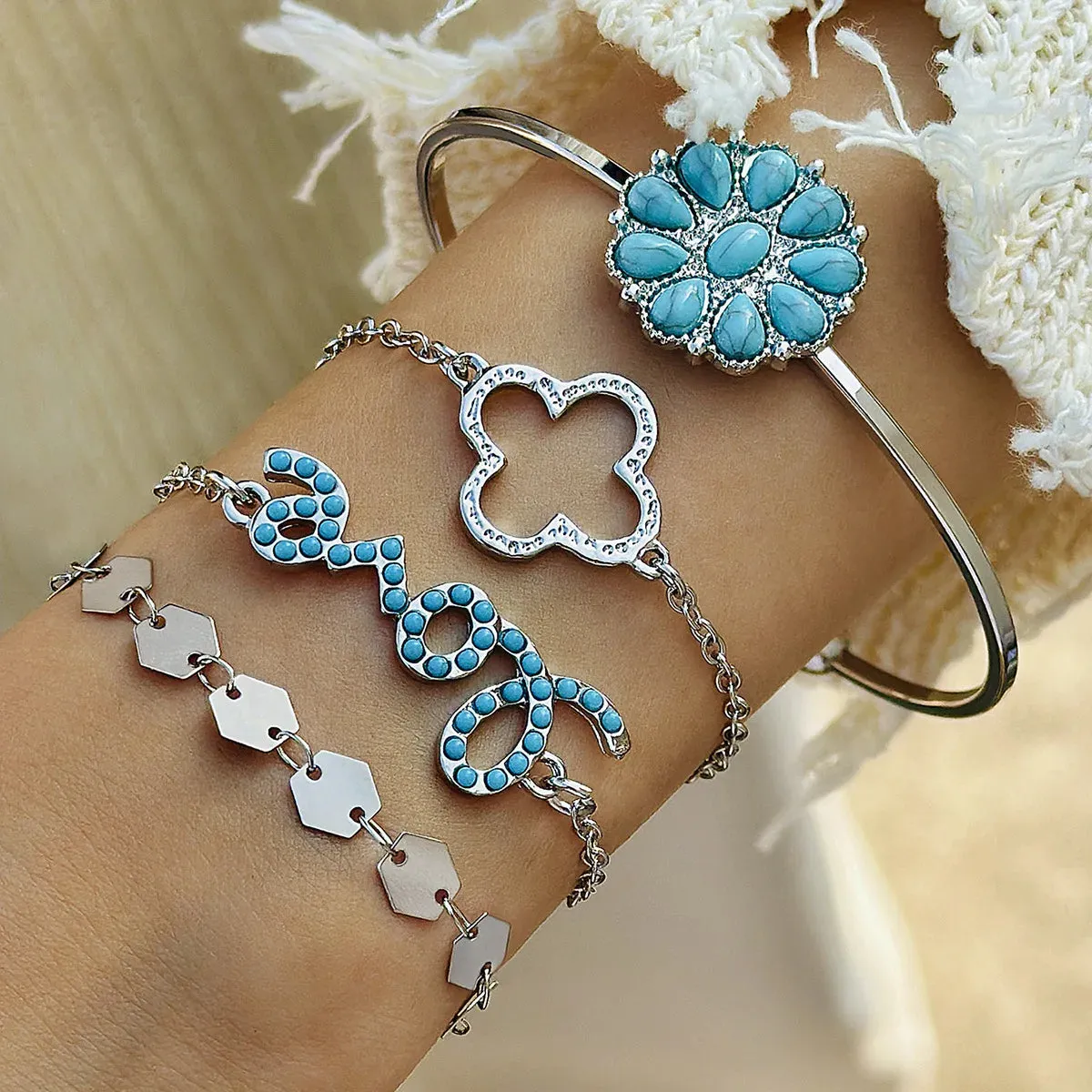 5-Piece Boho Turquoise Bracelet Set – Vintage-Inspired Feather, Flower, and Cuff Bangles | Perfect Gift for Women