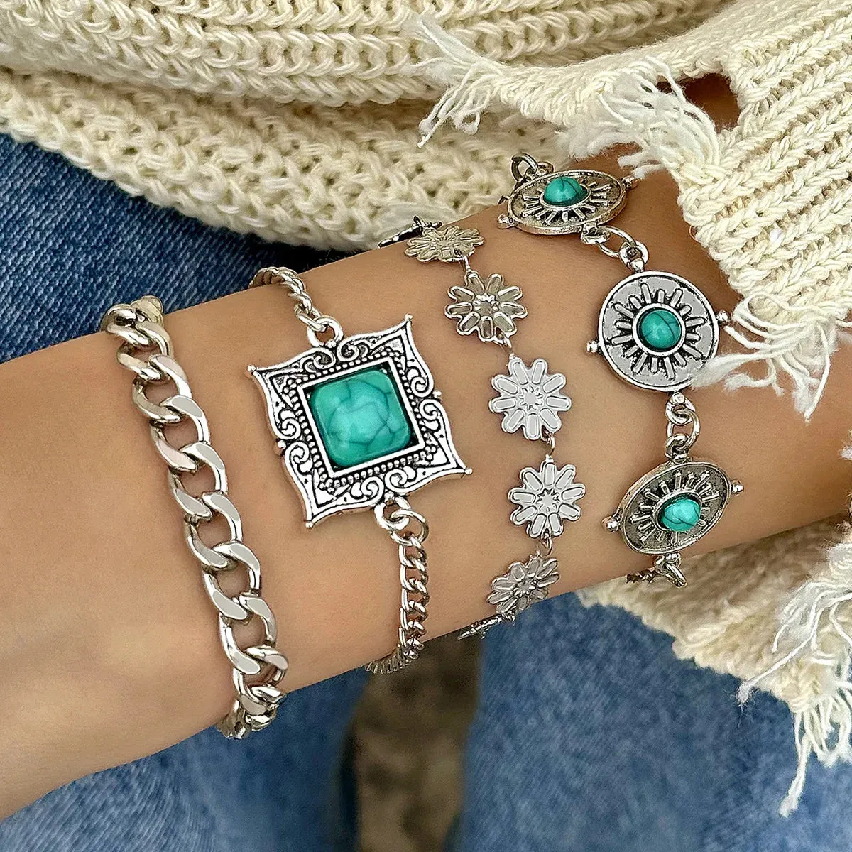 5-Piece Boho Turquoise Bracelet Set – Vintage-Inspired Feather, Flower, and Cuff Bangles | Perfect Gift for Women