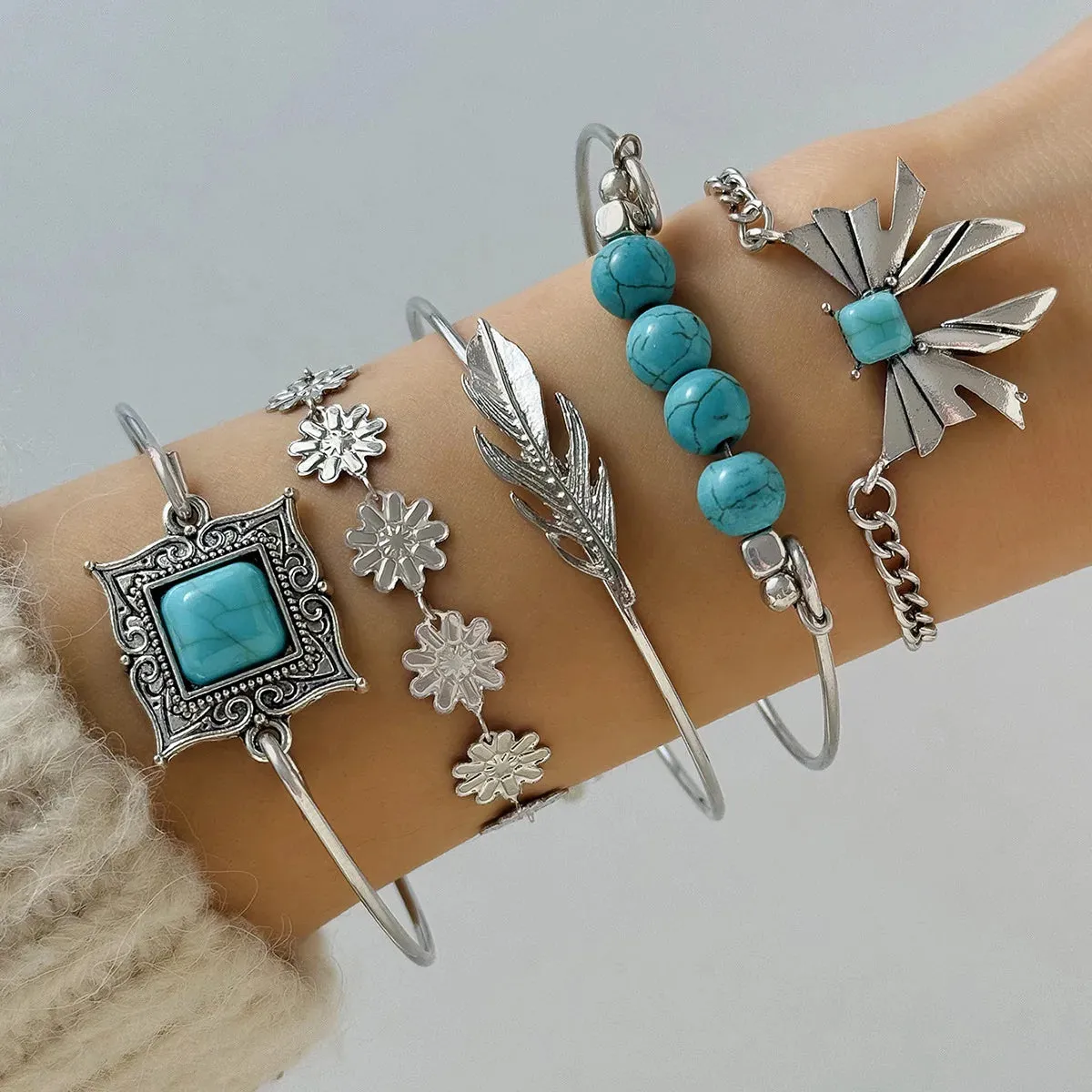 5-Piece Boho Turquoise Bracelet Set – Vintage-Inspired Feather, Flower, and Cuff Bangles | Perfect Gift for Women