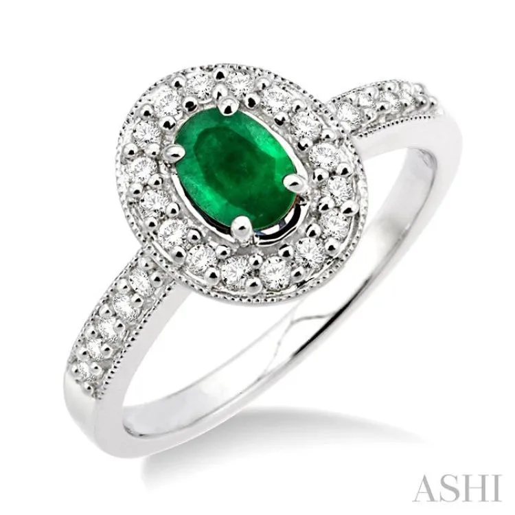 6x4 MM Oval Cut Emerald and 1/4 Ctw Round Cut Diamond Ring in 14K White Gold