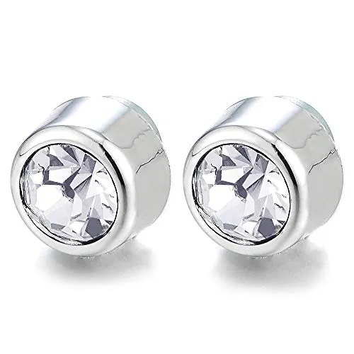 8MM Mens Womens Magnetic Circle Stud Earrings with Rhinestones, Non-Piercing Clip On Cheater Gauges