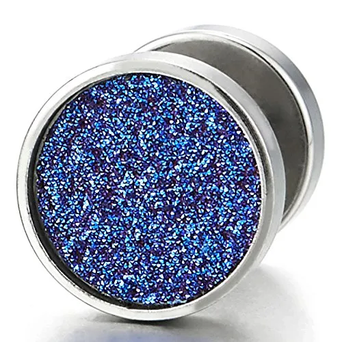 9mm Men Women Screw Circle Stud Earrings with Blue Sand Glitter, Steel Fake Ear Plugs Gauges Tunnel