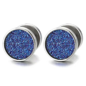 9mm Men Women Screw Circle Stud Earrings with Blue Sand Glitter, Steel Fake Ear Plugs Gauges Tunnel