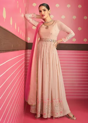 Attractive Soft Peach Embroidered Long Palazzo Suit