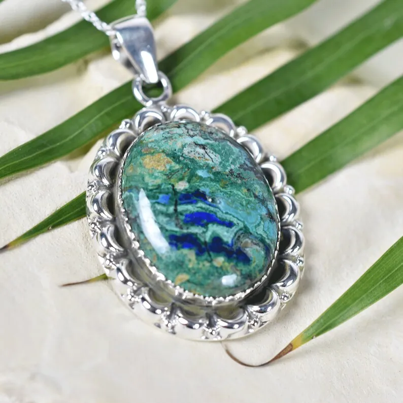 Azurite Malachite Boho Statement Pendants - 925 Sterling Silver Cocktail Pendant