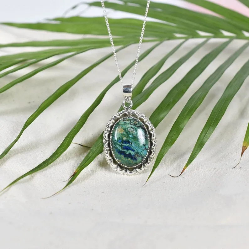 Azurite Malachite Boho Statement Pendants - 925 Sterling Silver Cocktail Pendant