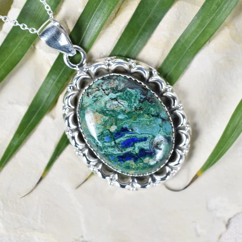 Azurite Malachite Boho Statement Pendants - 925 Sterling Silver Cocktail Pendant