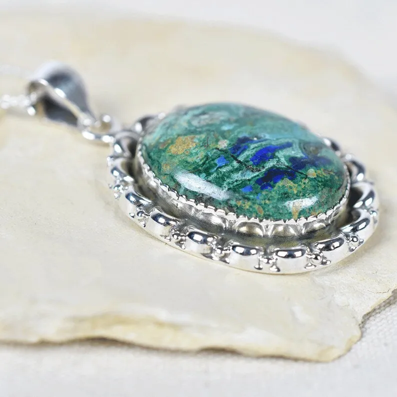 Azurite Malachite Boho Statement Pendants - 925 Sterling Silver Cocktail Pendant