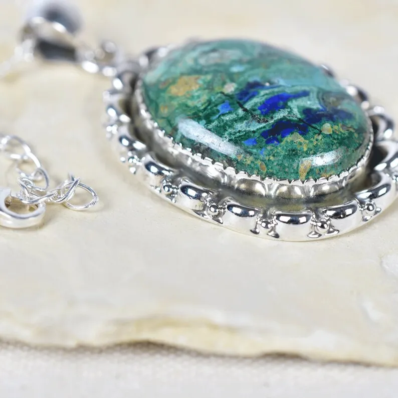 Azurite Malachite Boho Statement Pendants - 925 Sterling Silver Cocktail Pendant