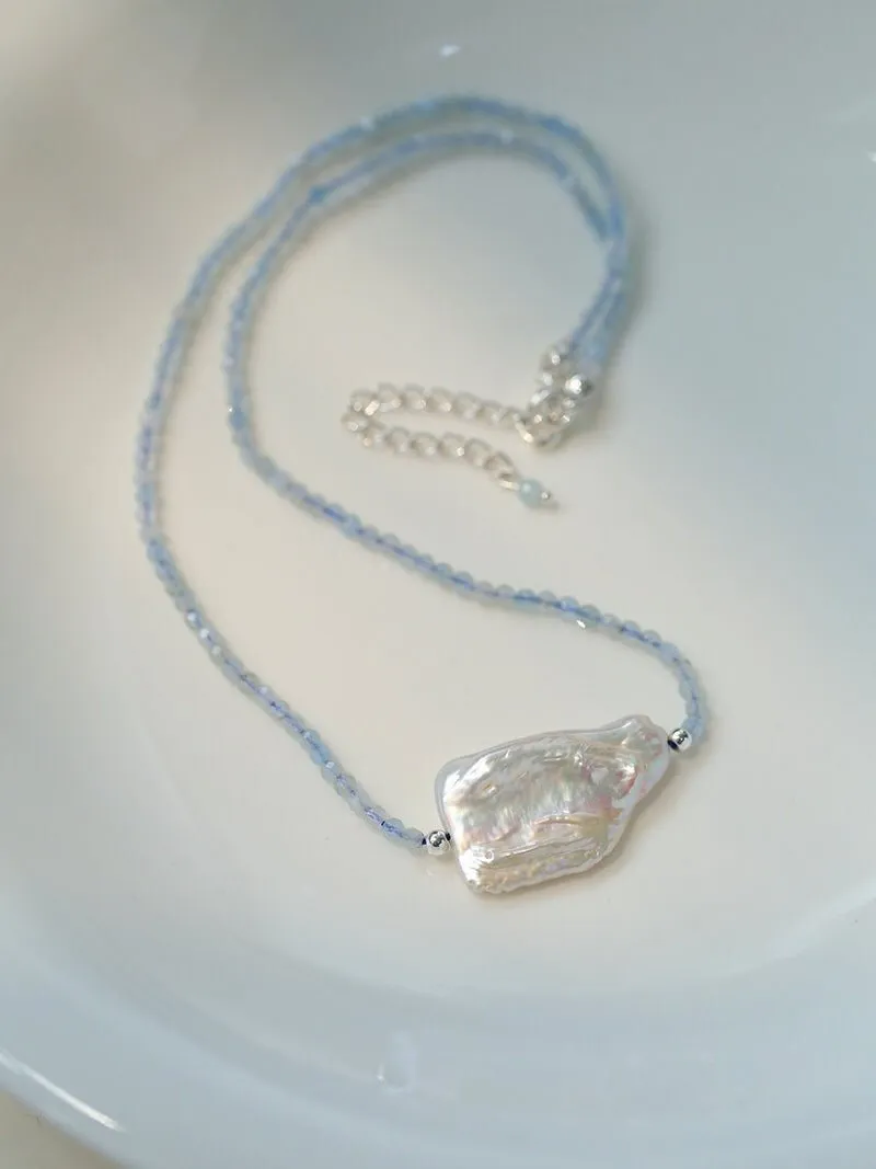 Baroque Pearl Pendant Aquamarine Beaded Necklace